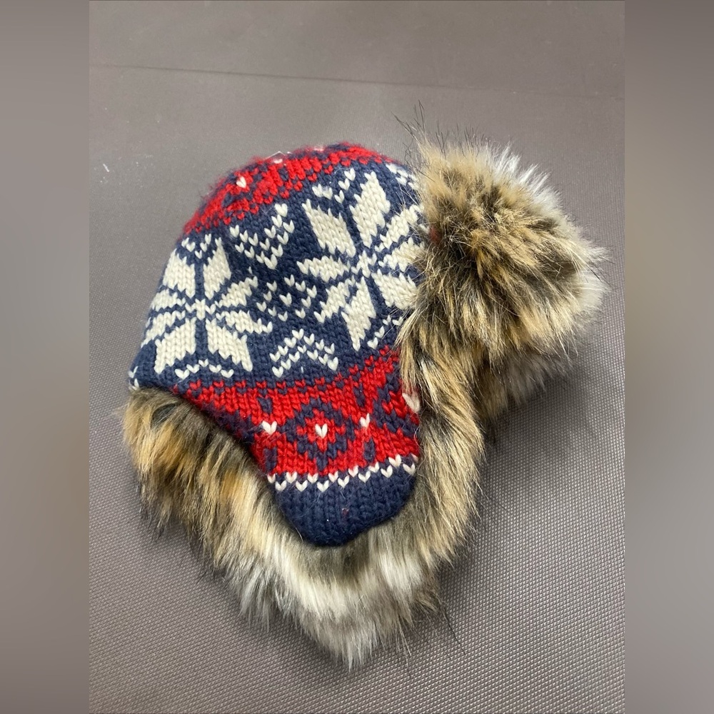 Trapper’s Hat Land’s End boys Knit Blue White Faux Fur XS-S New With Tags